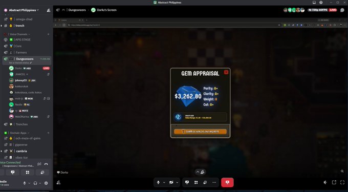 The image shows a Discord screen from "Abstract Philipines" displaying a "GEM APPRAISAL" with a value of $3,262.80 in Cambria (the game being discussed). This relates directly to the post celebrating community member @flattersMo's win, as the appraisal confirms the $3,260+ gain mentioned in the celebratory message about transforming $200 into over $3,260 in playcambria.