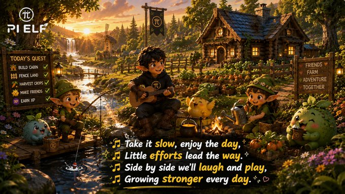 A promotional image for the "Pi Elf" game featuring chibi-style elves camping by a stream with quests like "Build Cabin" and "Fence Land," alongside the inspirational verse "Take it slow, enjoy the day, Little efforts lead the way, Side by side we'll laugh and play, Growing stronger every day." The cozy scene and lyrics reinforce the post's message about working, playing, and exploring together on Pi Network with CiDi Games.