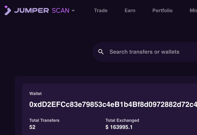 A screenshot of a crypto wallet dashboard on Jumper Scan displays a wallet address with 52 Total Transfers and $163,995.1 Total Exchanged.