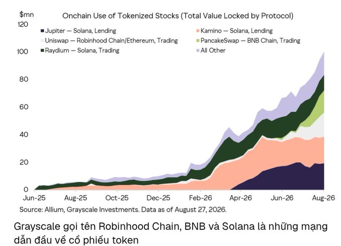 A stacked area chart titled 'Onchain Use of Tokenized Stocks (Total Value Locked by Protocol)' shows growth from June 2025 to August 2026, highlighting Jupiter, Kamino, Uniswap, PancakeSwap, Raydium, and All Other on chains like Solana and Robinhood Chain/Ethereum. The caption notes 'Grayscale gọi tên Robinhood Chain, BNB và Solana là những mạng dẫn đầu về cổ phiếu token'.