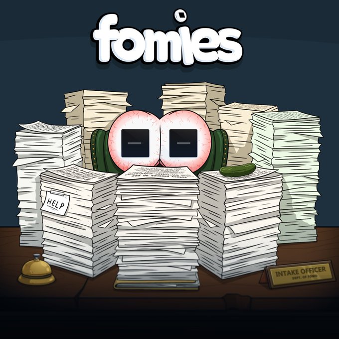 A cartoon illustration for 'fomles' showing a character with bloodshot eyes overwhelmed by towering stacks of paperwork on a desk labeled 'Intake Officer,' with one paper marked 'HELP.'