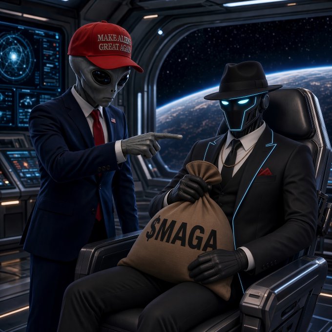 An alien in a "MAKE ALIENS GREAT AGAIN" red cap accuses a suited figure wearing a fedora of holding a burlap sack labeled "$MAGA," depicting the post's alien abduction scenario demanding a $MAGA giveaway.