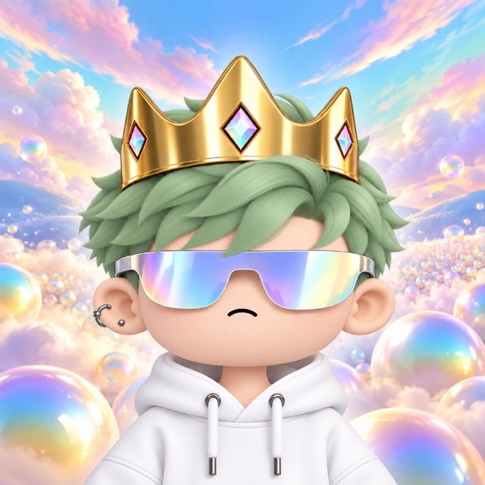 A 3D rendered cartoon character with green hair wears a gold crown with gems and iridescent visor sunglasses, set against a dreamy pastel sky filled with soap bubbles.