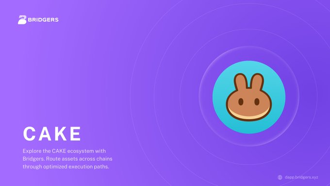A purple promotional graphic for 'BRIDGERS' featuring the CAKE ecosystem with a cartoon rabbit-bun icon and text explaining 'Explore the CAKE ecosystem with Bridgers. Route assets across chains through optimized execution paths.' with dapp.bridgers.xyz.