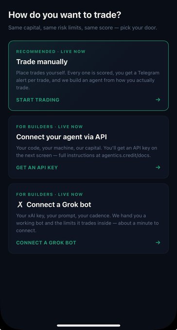 Mobile app screen titled 'How do you want to trade?' with options to 'Trade manually', 'Connect your agent via API', or 'Connect a Grok bot'.