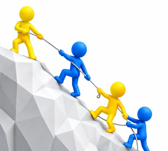 A 3D illustration shows yellow and blue stick figures helping each other climb a mountain by pulling on a rope together.