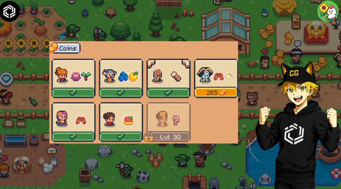 A screenshot from a pixel-art farming game showing an in-game 'Coins' shop menu, with an anime-style avatar wearing a 'CG' cat-eared cap superimposed on the right.