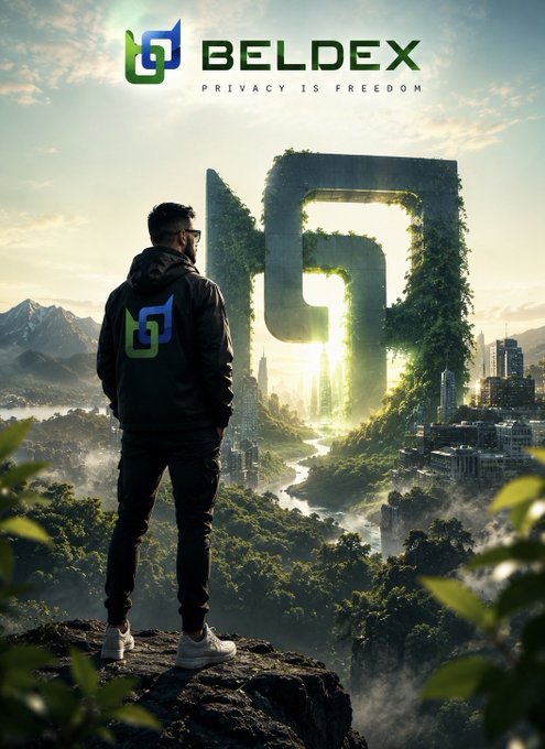 A promotional image for Beldex with the tagline 'Privacy is Freedom,' showing a person in a hoodie overlooking a lush landscape with a massive Beldex logo monument and city in the background.