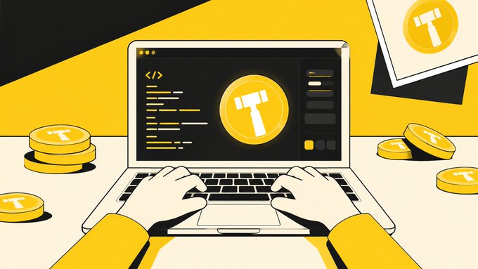A stylized illustration showing hands typing on a laptop displaying code and a Pi cryptocurrency logo, with stacks of Pi coins scattered around in yellow and white tones.