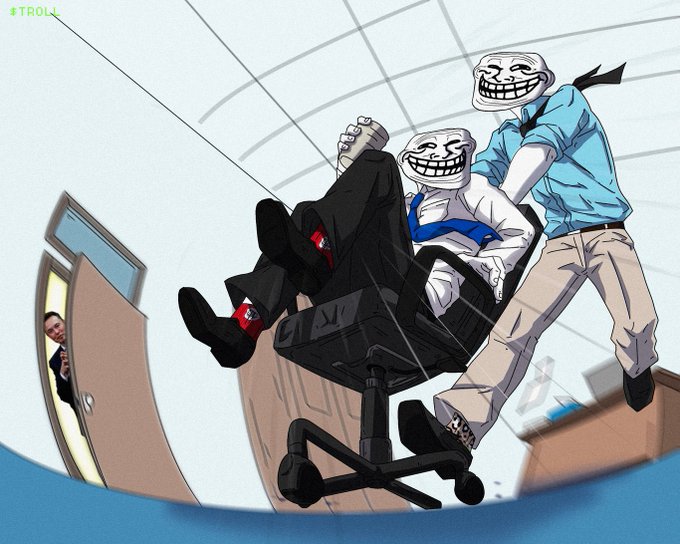 A figure with a troll face pushes a person in a tie and suit who is also wearing a troll face in an office chair spinning out of control, with "$TROLL" written in the corner, humorously illustrating the post's announcement that creator fees will now be used for market making to control arbitrage and absorb sell pressure for the $TROLL token.