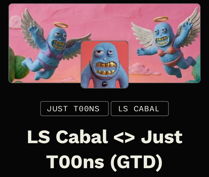 A promotional graphic featuring three blue winged cherub-like creatures with golden halos against a pink background, displaying the text "JUST TOONS" and "LS CABAL" above the heading "LS Cabal <> Just T00ns (GTD)." The image announces the upcoming GTD mint collaboration, highlighting the 5,000 supply at 0.009E on ETH mainnet and celebrating the WL allocation offered to LS Cabal.