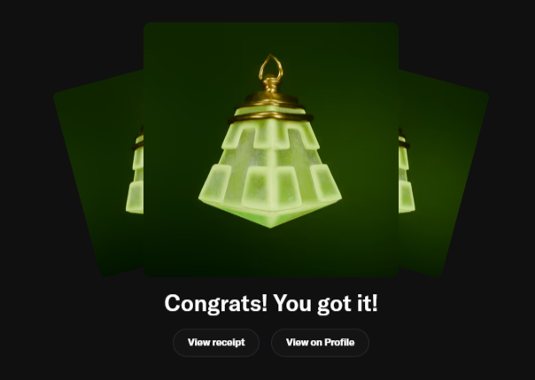 A digital 3D rendering of a green igloo-shaped pendant is displayed with the text 'Congrats! You got it!' and buttons reading 'View receipt' and 'View on Profile'.
