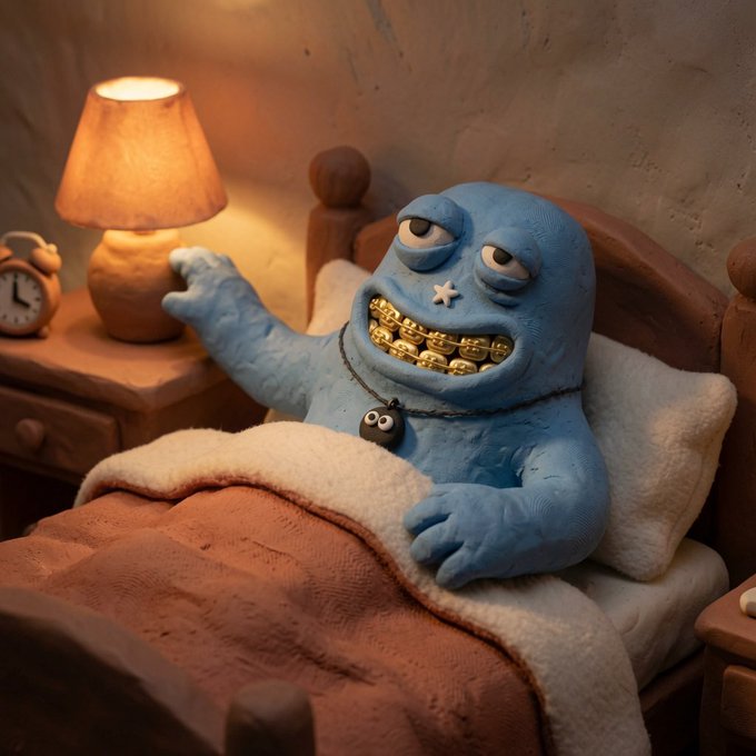 A 3D-rendered blue clay-like monster with gold teeth and a star tattoo under its eye lies in bed under a brown blanket, reaching toward a lit lamp on a nightstand beside an alarm clock.