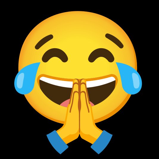 A yellow emoji face laughing with tears of joy, its hands pressed together in a prayer or grateful gesture against a black background.