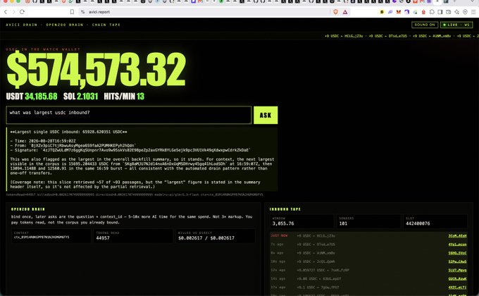 A dark-themed website dashboard displays a large value of '$574,573.32' in bright green, with 'USDT 34,185.68 SOL 2,1031 HITS/MIN 13' below it, showing analytics for ASIC DRAIN tokens.
