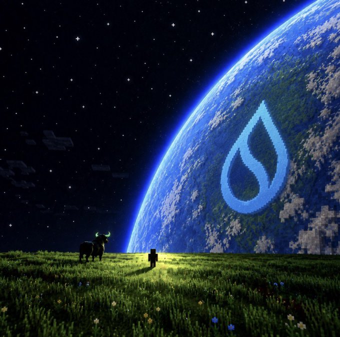 A digital artwork depicting a Minecraft-style pixelated figure standing next to a bull on a grassy field, gazing up at a large planet with a blue flame symbol in space.