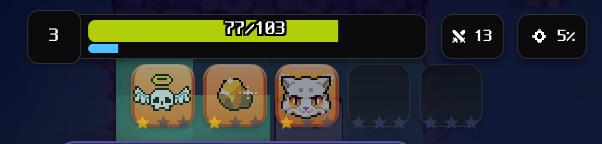 A video game HUD showing level 3 with 77/103 progress on a yellow bar, 13 swords and 5 stars earned, and a row of icons featuring a skull-mask character, a hook, and a wolf head.
