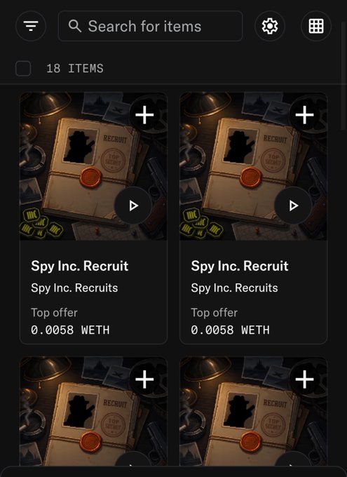 A mobile app interface shows a search bar and a grid of items for sale. The visible listings are for 'Spy Inc. Recruit' with a 'Top offer' of '0.0058 WETH'.