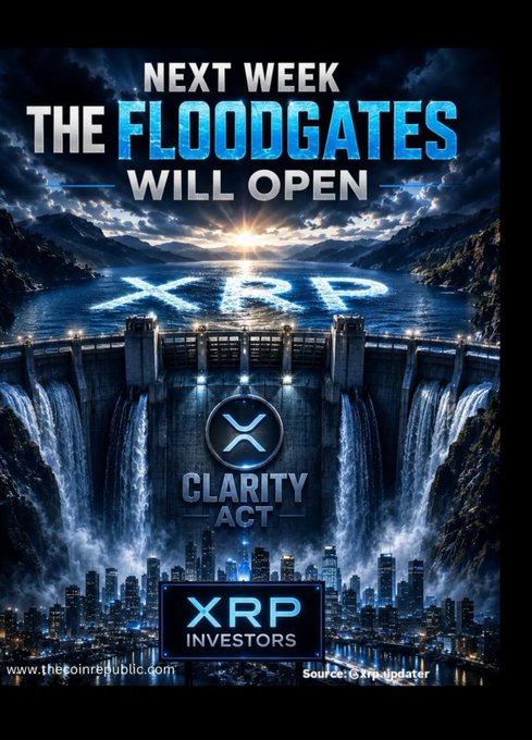 A dramatic promotional graphic with text "NEXT WEEK THE FLOODGATES WILL OPEN" over an image of a dam and water releasing, referencing "XRP," "CLARITY ACT," and "XRP INVESTORS," sourced from thecoinrepublic.com.