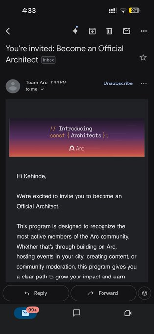 A mobile screenshot of an email invitation from Team Arc addressed to Kehinde, inviting them to become an Official Architect in the 'const {Architects};' program.
