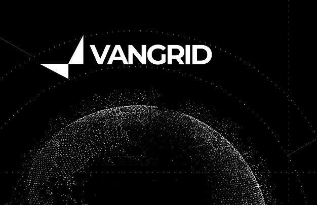 Black and white logo for 'VANGRID' displayed above a dotted graphic resembling a globe, set against a dark background.