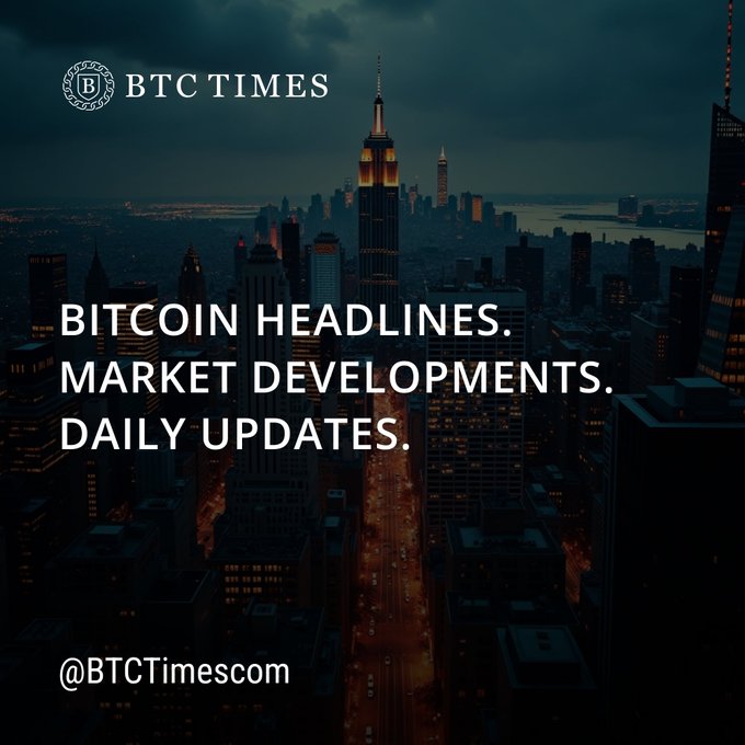A dark aerial view of the New York City skyline at dusk with 'BTC TIMES' logo and text reading 'BITCOIN HEADLINES. MARKET DEVELOPMENTS. DAILY UPDATES. @BTCTimescom'.