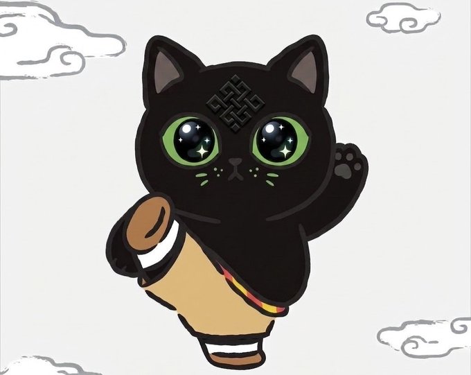 A cartoon illustration of a black cat character with large sparkling green eyes and a Celtic knot symbol on its forehead, wearing a kimono.