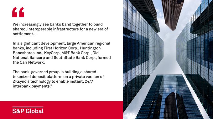 The image shows a tall building, possibly an office or residential structure, with many windows that reflect sunlight. The text in the image reads "We increasingly see banks band together to build interbankable infrastructure for a new era of settlement...". This quote is from a post by @SPGMarketIntel about the adoption of blockchain technology and its impact on the banking industry.