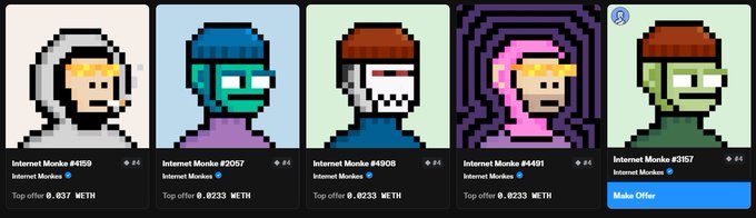 A row of five CryptoPunks NFT listings including Internet Monke #4159, #2057, #4906, #4491, and #5157, all priced at 0.4233 ETH (plus one at 0.837 ETH), showing 'Make Offer' options.