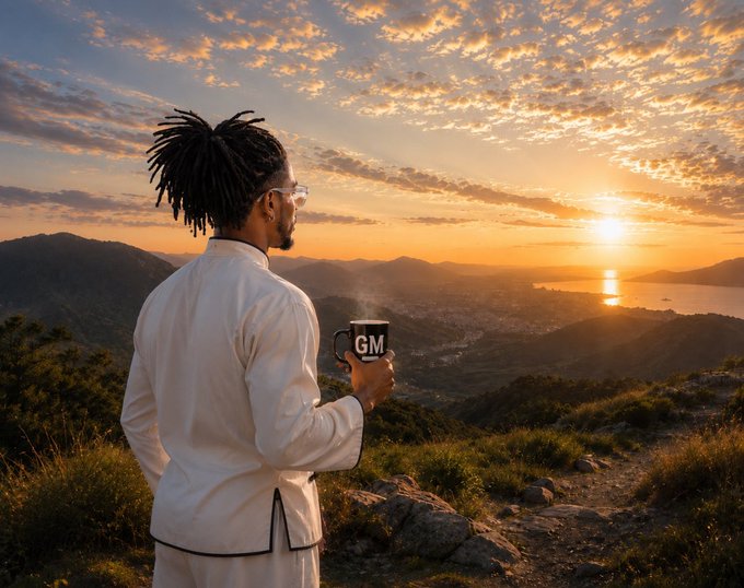 A man with dreadlocks, viewed from behind, holds a black mug labeled 'GM' while looking out at a scenic ocean sunset from a mountainous overlook.