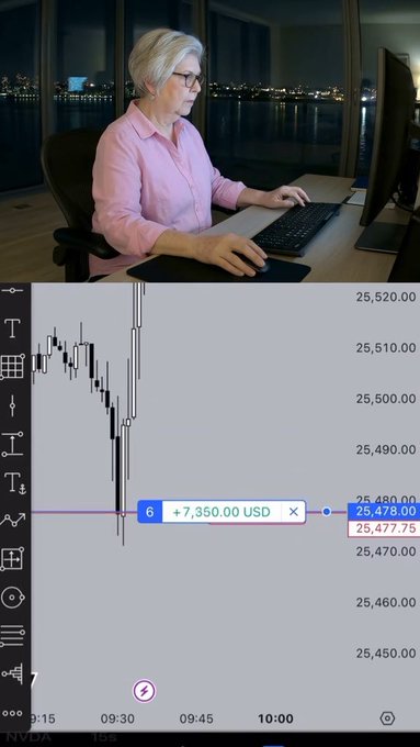 A woman with blonde hair and glasses working at a computer at night with a stock trading chart showing a +7,350.00 USD profit.