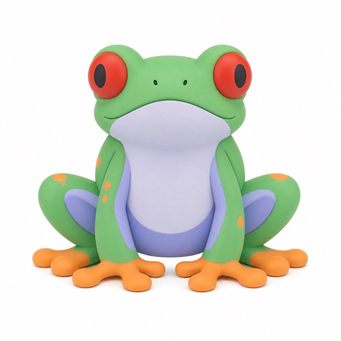 A 3D rendering of a cute cartoon frog with bright green skin, large red and black eyes, a purple belly, and orange feet sitting against a white background.