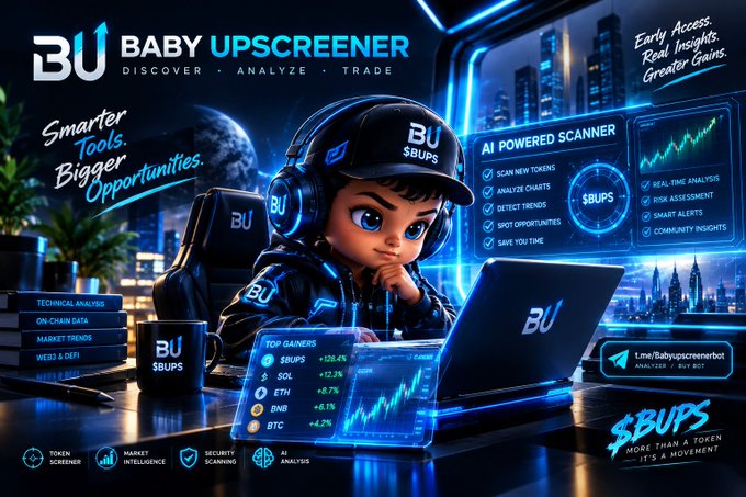 A promotional graphic for "BABY UPSCREENER" (BU) featuring a cartoon character with a laptop and text like "AI POWERED SCANNER," "SCAN NEW TOKENS," "TOP GAINERS," and a "$BUPS" ticker.