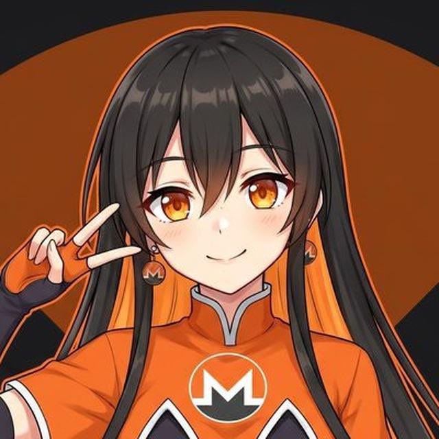 An anime-style girl with long black hair, orange eyes, and an orange outfit poses against a brown circular background.