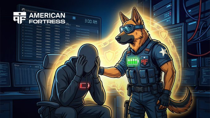 Digital illustration for 'American Fortress' depicting a German Shepherd tactical officer in sunglasses comforting a distressed, hooded figure at a computer terminal.