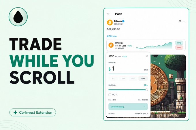Promotional graphic for a crypto trading Co-Invest Extension with the tagline 'TRADE WHILE YOU SCROLL', showing a Bitcoin trading interface with BTC at $62,735.08.