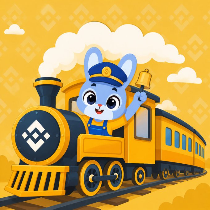 A cartoon-style illustration features a blue bunny wearing a conductor's hat and ringing a bell from a yellow steam train, with the Binance logo displayed on the front.