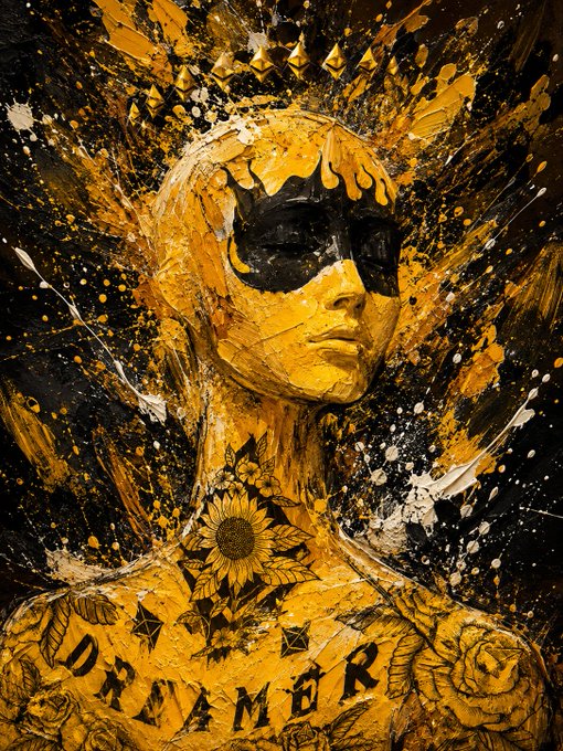 A vibrant yellow and black mixed-media artwork of a face wearing a mask, surrounded by paint splatters, with the word 'DREAMER' tattooed across the chest area and a sunflower design on the neck.