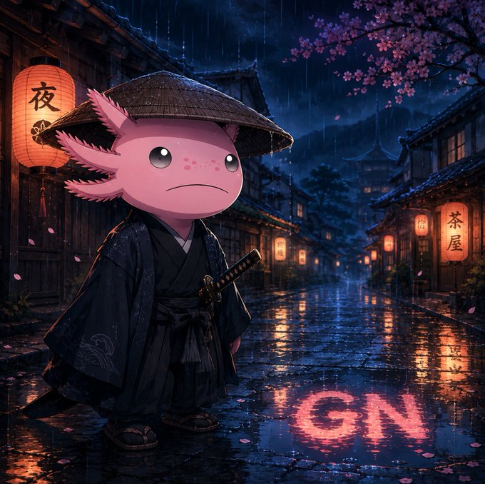 A pink axolotl wearing a traditional Japanese straw hat and black kimono with a sword, standing on a rain-soaked street at night lined with glowing paper lanterns bearing Japanese characters.