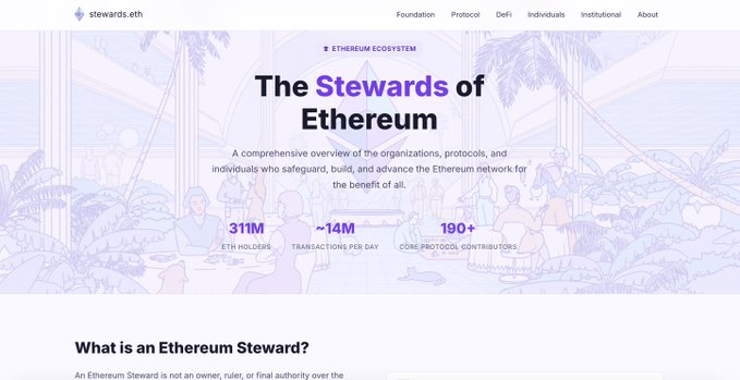 The image shows a website called "stewards.eth" that provides information about the stakeholders involved in the Ethereum ecosystem. The website features a list of organizations, protocols, and individuals who contribute to the development and management of the Ethereum network. It also includes details on the number of transactions processed daily, as well as the total number of transactions processed over a period of time.