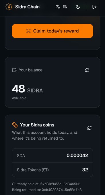 This Sidra Chain app displays a balance of 48 SIDRA, with SDA at 0.000042 and Sidra Tokens (ST) at 32, indicating a positive update.