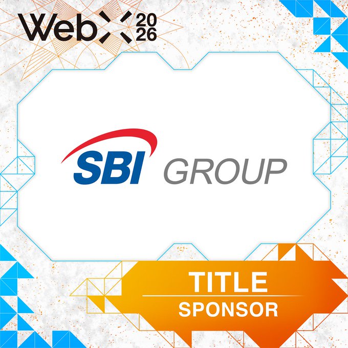 Promotional graphic for WebX 2026 featuring the SBI Group logo as Title Sponsor, alongside the event branding "WebX 2026" and a "TITLE SPONSOR" banner. The image visualizes SBI Holdings' role as title sponsor for the WebX 2026 conference held July 13-14 in Tokyo.