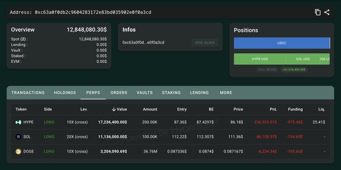 A crypto trading dashboard showing an account balance of 12,848,080.30$ and perpetual positions for HYPE (LONG 10x), SOL (LONG 20x), and DOGE (LONG 10x), all showing negative PnL.