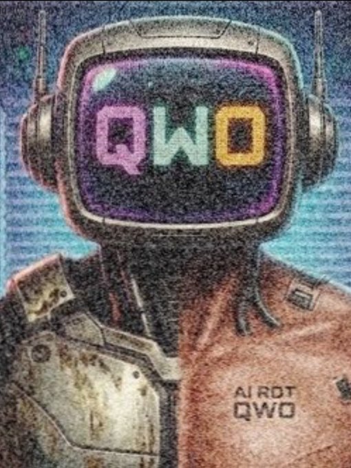An AI-generated artwork depicts a robot or android figure wearing a TV-monitor head displaying the colorful letters 'QWO', with the text 'AI RDT QWO' printed on its orange jumpsuit.