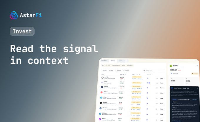 The image shows a promotional graphic for AstarFi's "Invest" feature, featuring the tagline "Read the signal in context" alongside a mockup of their platform displaying a list of tokenized stocks (including NFLX, AVGO, AMD, SBUX, ARMCO, AAPL, CRWD, KO, etc.) and a side panel showing an AI-generated analysis of Microsoft (MSFT) stock at $228.54. The visual directly supports the post by showcasing how the AstarFi AI analyzes assets like Microsoft and provides contextual investment insights for tokenized stocks in users' wallets.