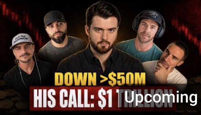 A YouTube thumbnail showing five men with the bold text 'DOWN >$50M' and 'HIS CALL: $1' with a 'Upcoming' watermark overlaid.