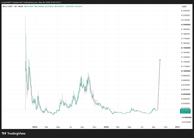 A TradingView candlestick chart of Bert/USDT on MEXC shows a long-term downtrend from a ~$0.23 high in early 2025 to ~$0.018, followed by a recent sharp upward spike toward $0.12 marked with an arrow, reinforcing the daily "$Bert reminder" post.