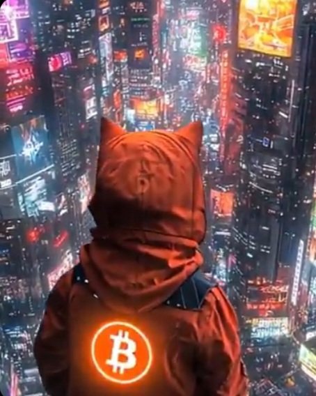 A hooded figure in a red jacket with a glowing Bitcoin logo on the back overlooks a neon-lit cyberpunk cityscape at night. The Bitcoin symbol ties into the post's emphasis on $DOG on Bitcoin, suggesting the solitary observer represents a Bitcoin-based crypto enthusiast finding visibility and community strength within the DOG Army trenches.
