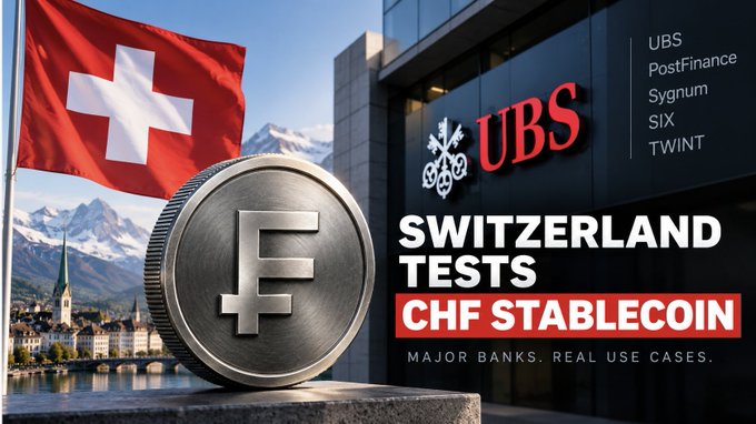 A thumbnail-style image showing the Swiss flag, a Swiss Franc coin, and UBS bank building with text 'SWITZERLAND TESTS CHF STABLECOIN' listing banks like UBS, PostFinance, Sygnum, SIX, and TWINT.