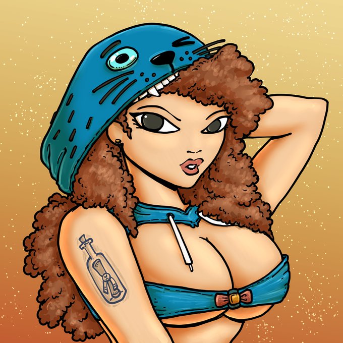 A digital illustration of a woman with curly brown hair wearing a blue Totoro-like hat, a blue bikini top, with a syringe tattoo on her arm, against a sparkly gold background.